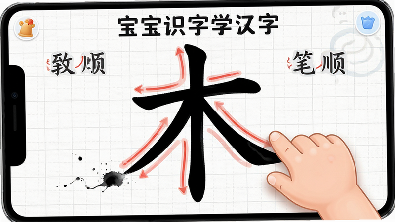 主体为“宝宝识字学汉字”APP的手写练习界面,布局中央是一个巨大的汉字“木”,上面有半透明的红色笔顺引导线,一只卡通小手正在屏幕上滑动书写,背景为白色网格纸纹理,排版聚焦中心,风格写实与卡通结合,细节处有墨水流动效果,画质高分辨率,干净,文字“笔顺”