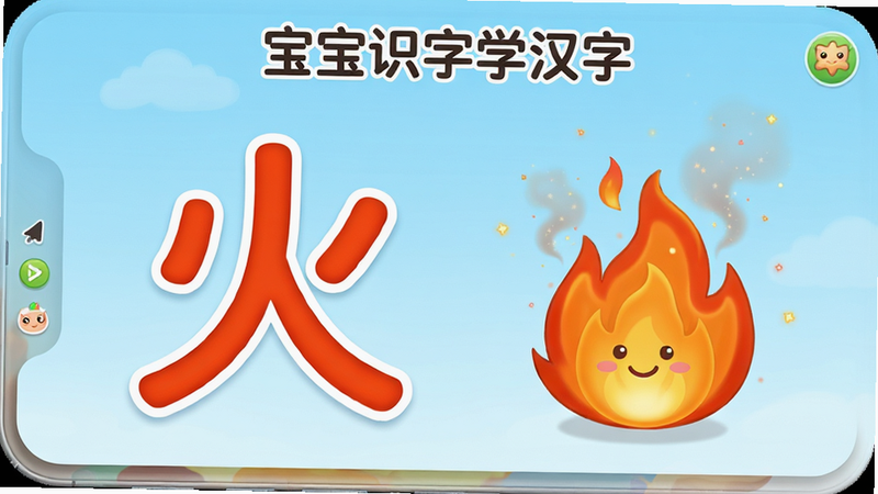主体为“宝宝识字学汉字”APP中的动画学习页面,布局左侧为汉字“火”的大字体展示,右侧为燃烧的卡通火焰动画,背景为浅蓝色渐变,排版简洁,风格童趣,细节处有烟雾粒子效果,画质细腻,干净,文字“火”醒目