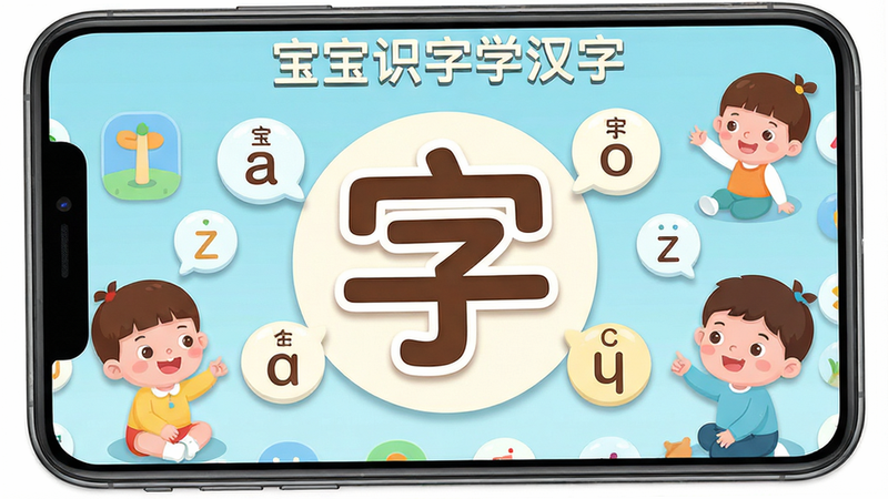主体为“宝宝识字学汉字”APP界面全景图,布局采用卡通扁平化设计,中心显示一个巨大的可爱汉字“字”,周围环绕着拼音气泡和卡通小朋友形象,排版整洁有序,风格清新活泼,细节丰富,包含柔和阴影,画质高清,干净无多余元素,文字“宝宝识字学汉字”清晰可见
