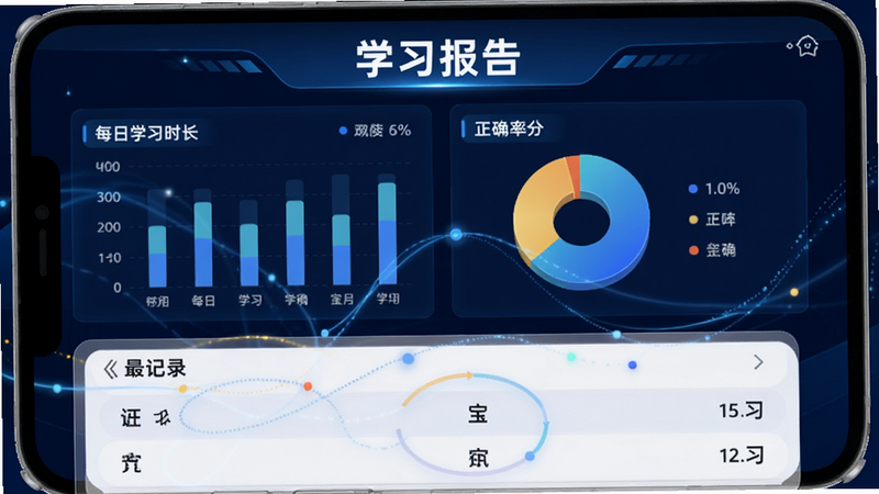 主体为“宝宝识字学汉字”APP的家长报告页面,布局包含柱状图显示每日学习时长,饼图显示正确率分布,列表展示最近学习的汉字记录,背景为深蓝色科技风,排版数据可视化清晰,风格专业简洁,细节处有数据流动特效,画质锐利,干净,文字“学习报告”