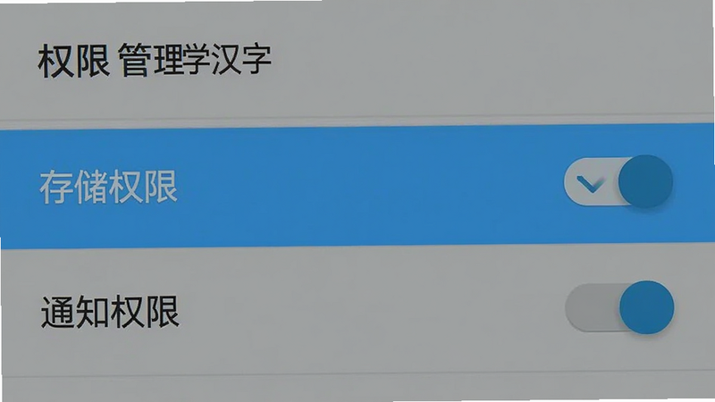 主体为安卓手机设置界面截图,显示“宝宝识字学汉字”的应用权限管理页面,布局为列表形式,高亮显示“存储权限”和“通知权限”开关,背景为系统默认灰色,排版标准安卓风格,细节处有开关滑块动画,画质真实,干净,文字“权限管理”