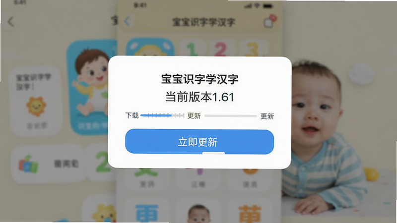 主体为“宝宝识字学汉字”APP的版本更新弹窗,布局居中显示“当前版本1.61”,下方有“立即更新”按钮,背景模糊显示主界面,排版简洁明了,风格现代,细节处有下载进度条,画质清晰,干净,文字“更新”
