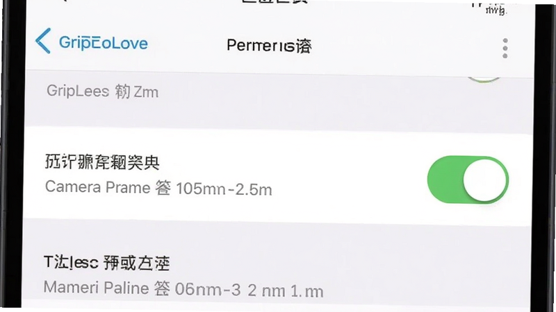 主体为手机设置界面截图,显示权限管理页面,布局清晰,风格扁平,细节高亮相机权限开关,画质清晰,干净,无多余元素,文字包含