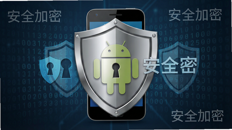 盾牌保护手机界面的概念图,主体为银色金属盾牌覆盖在Android手机图标上,布局中心对称,排版稳重,风格商务安全,细节展现锁孔和加密代码背景,画质精细,干净无杂物,文字标注