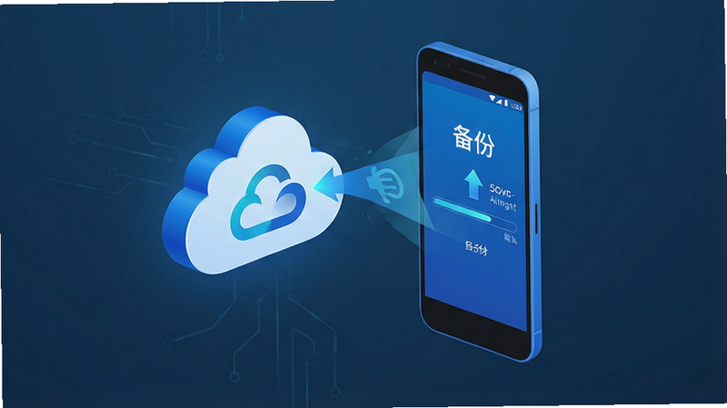 云端备份图标与手机连接示意图,主体为云盘图标与Android手机屏幕互动,布局悬浮,排版简洁,风格科技蓝,细节展现数据上传进度,画质高,干净背景,文字标注