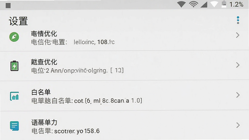 手机设置界面截图,主体为Android系统设置页面,布局列表式,排版整齐,风格系统原生,细节展现电池优化和白名单选项,画质清晰,干净无广告,文字标注