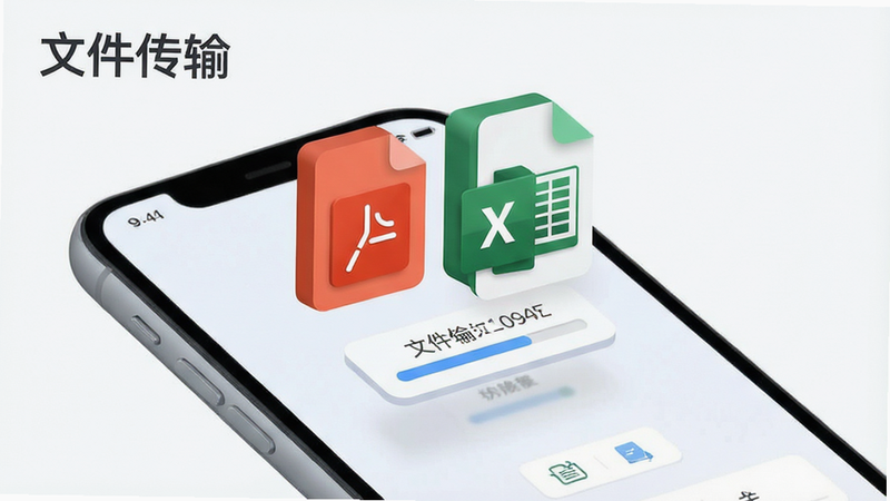 文件图标悬浮在手机屏幕上方,主体为PDF和Excel文件图标,布局立体,排版有序,风格扁平化,细节展现传输进度条,画质清晰,干净背景,文字标注
