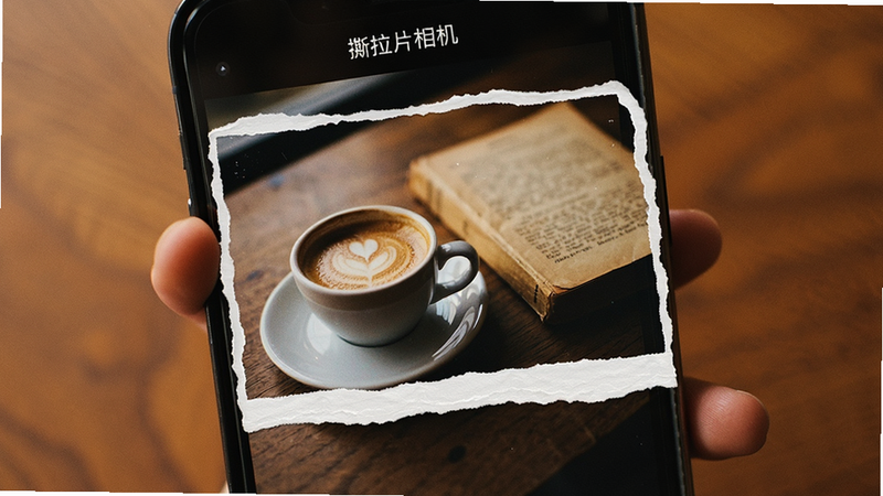 主体为一张精美的撕拉风格照片展示在手机屏幕上,照片内容是一杯咖啡和一本旧书,背景是木质桌面,布局为静物特写,风格为温暖复古,细节清晰展示照片的颗粒感和色彩,画质高清,干净,无多余元素,文字显示为