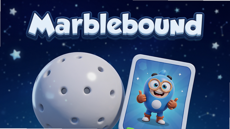 主体是Marblebound游戏主界面,布局为居中展示,排版清晰,风格为现代卡通3D渲染,细节丰富,画质4k,干净,无多余元素,背景为深蓝色星空,前景有一个巨大的白色弹珠和一个蓝色角色卡片,文字
