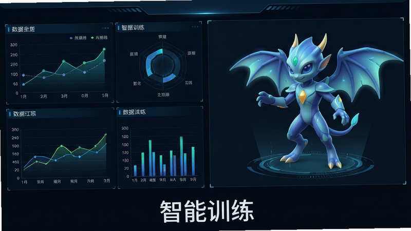 主体为训练界面截图,布局为左右分栏,左侧显示数据图表,右侧显示精灵动作,排版整齐,风格科技感,细节清晰,画质高清,干净,无多余元素,文字