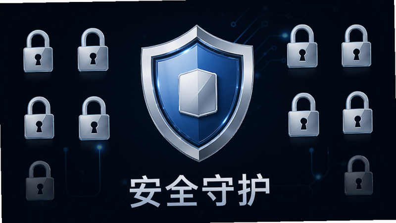 主体为安全盾牌图标,布局居中,周围环绕数据锁标志,排版简洁,风格商务科技,细节光泽感强,画质高清,干净,无多余元素,文字