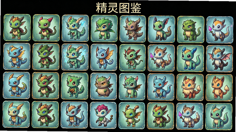 主体为精灵图鉴网格展示,布局为多列网格,每个格子展示不同精灵,排版紧凑有序,风格奇幻卡通,细节精致,画质高清,干净,无多余元素,文字