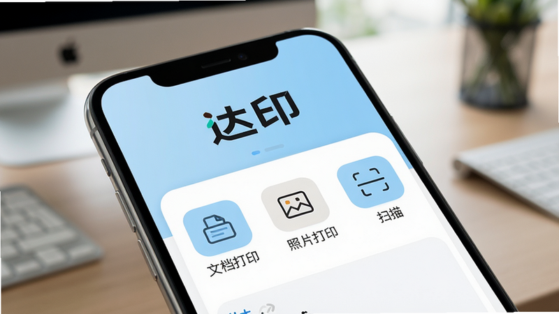 һ�Ÿ���������ֻ���Ļ��д����Ļ������ʾ�š���ӡ��App�������棬������Ƽ���ִ����԰�ɫ��ǳ��ɫΪ��ɫ������������Ŀ�ġ���ӡ��Logo���·������š��ĵ���ӡ��������Ƭ��ӡ������ɨ�衱�ȹ���ͼ�꣬����Ϊģ���İ칫�����棬������ͣ��ʸ�ϸ�壬4k�ֱ��ʣ��޶���Ԫ��