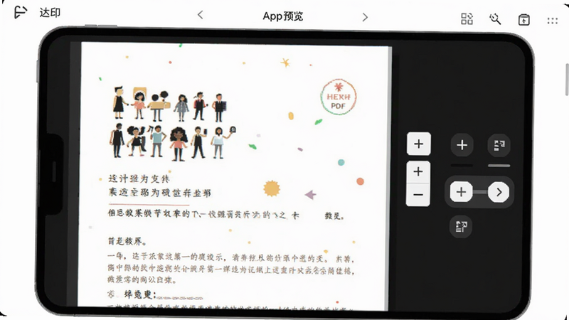 ����ӡ��App���ĵ�Ԥ�����棬��Ļ����ʾһ�ݾ�����PDF�ĵ����Ա������ź�ҳ��ѡ��ؼ�������Ϊ�ɾ��İ�ɫ��ͻ���ĵ����ݵ������ȣ�����Ԫ�ر�ƽ����ƣ�������װ�Σ����廭��