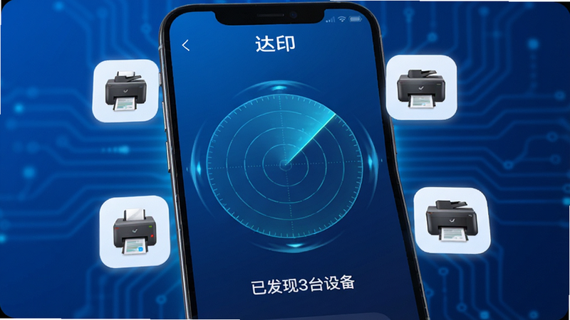 չʾ����ӡ��App��������������ӡ���Ľ��棬��Ļ������һ����ת���״�ɨ�趯������ΧƯ���ż�����ͬƷ�ƵĴ�ӡ��ͼ�꣬�����·���ʾ���ѷ���3̨�豸����������Ƽ���ǿ����ɫ����������չʾ���ӹ��̣�����ϸ��