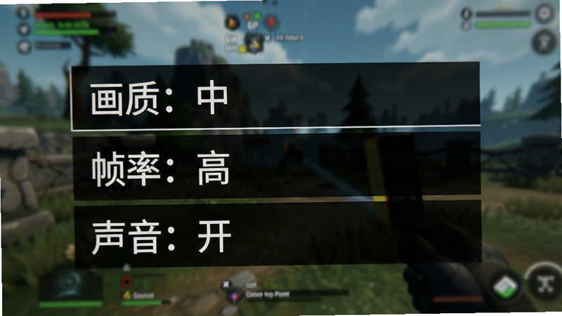 游戏设置界面特写,显示“画质:中”,“帧率:高”,“声音:开”等选项,背景为模糊的游戏场景,文字清晰,风格简洁,突出设置项,高清游戏UI截图,无多余元素