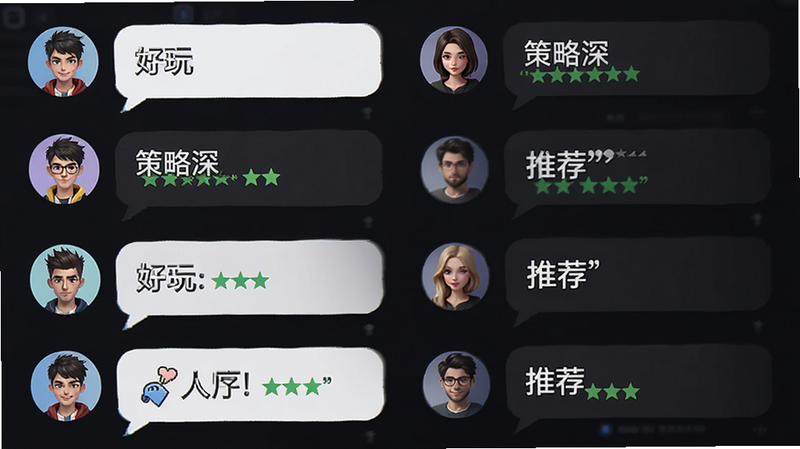 游戏社区讨论截图风格,显示多个玩家头像与评论气泡,内容涉及“好玩”、“策略深”、“推荐”等正面评价,背景为深色模式界面,文字清晰,体现社区活跃度,高清UI设计图,无杂乱元素