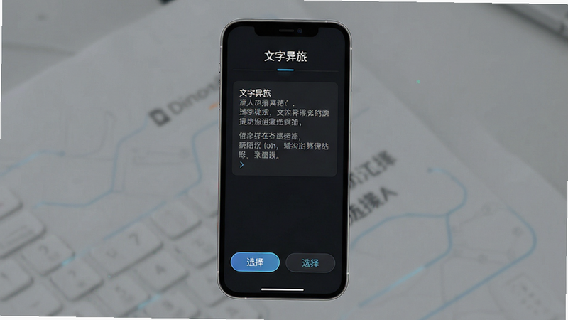 手机屏幕界面示意图,显示“文字异旅”游戏内的剧情对话界面,背景为深色模式,文字清晰易读,底部有两个选择按钮,整体界面极简,风格现代科技,布局上下结构,细节精致,画质高清,干净无广告元素