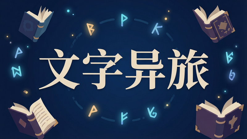 一张高清扁平化风格插画,主体为“文字异旅”游戏标题,字体采用复古衬线体,深蓝色背景,周围漂浮着发光的符文与抽象的书籍元素,布局居中,排版简洁大气,风格神秘且充满奇幻色彩,细节丰富,画质清晰,无多余杂乱元素