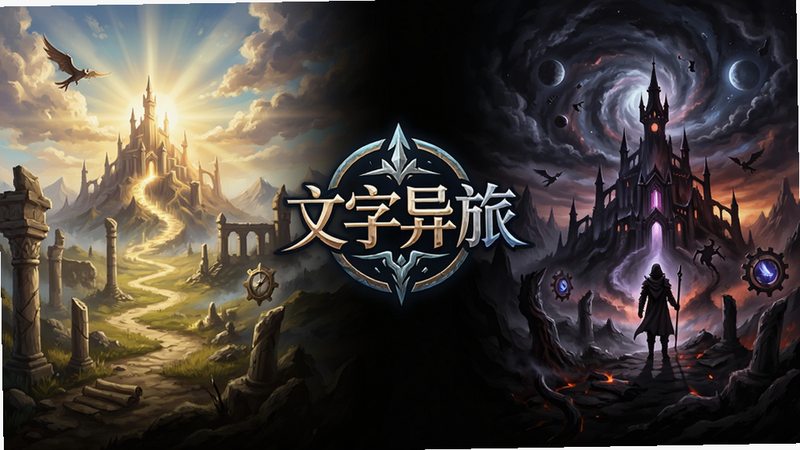 游戏结局展示概念图,展示三个不同的结局画面,中间是“文字异旅”Logo,左右两侧分别展示光明与黑暗的意象,布局平衡,风格史诗感,色彩对比强烈,细节丰富,画质极高,干净无水印
