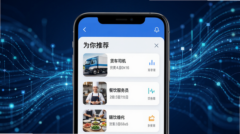 ����ֱƸAPP������ʾͼ��չʾ�����Ƽ��㷨���棬����Ϊ�����������������ǰ��Ϊ�ֻ���Ļ����Ļ����ʾ��Ϊ���Ƽ�����飬�г���������ְλ���硰����˾����������������Ա�����������������Ƽ�����ʵ�øн�ϣ����壬�ɾ�