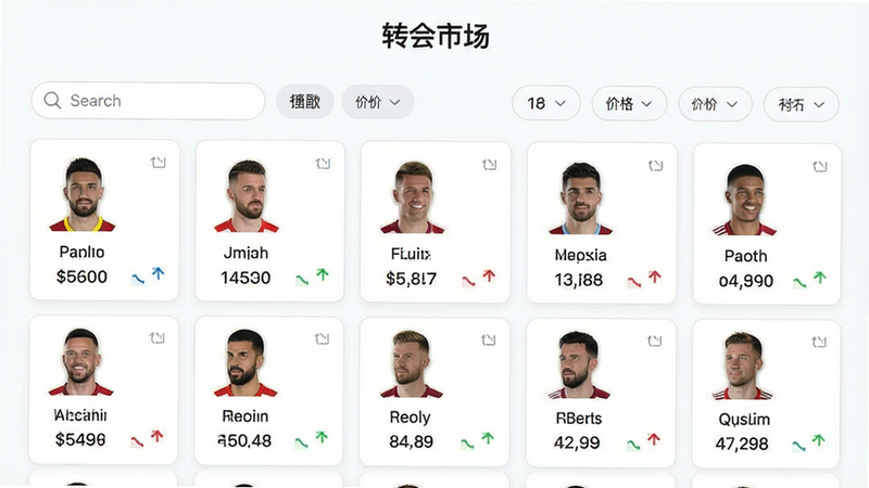 主体为转会市场列表界面,布局为卡片式排列,每张卡片显示球员头像、名字、身价,排版整齐网格化,风格为现代商务UI,细节包含搜索框、筛选标签、价格波动箭头,画质明亮,干净,文字