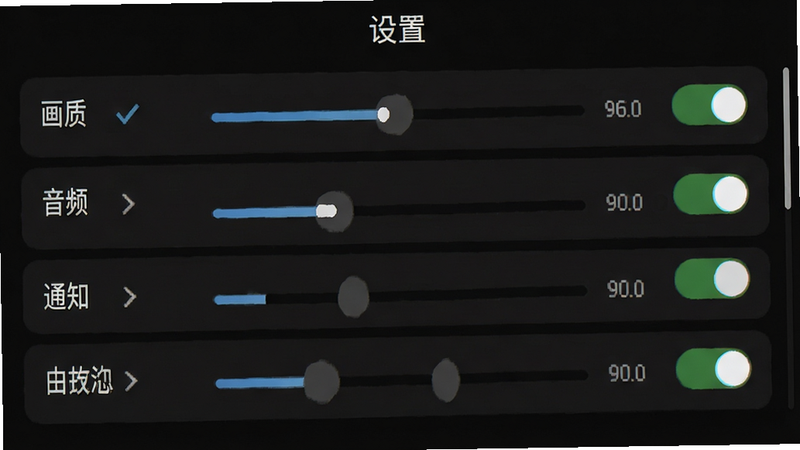 主体为游戏设置界面截图,布局为列表式选项,包含画质、音频、通知等开关,排版简洁明了,风格为深色模式UI,细节包含滑动条、勾选框,画质清晰,干净,文字