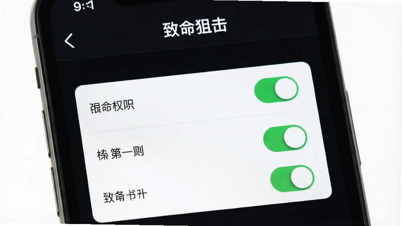 主体为手机设置界面,布局展示权限开关,排版清晰,风格简洁UI,细节显示勾选状态,画质清晰,干净,文字“致命狙击”在标题栏