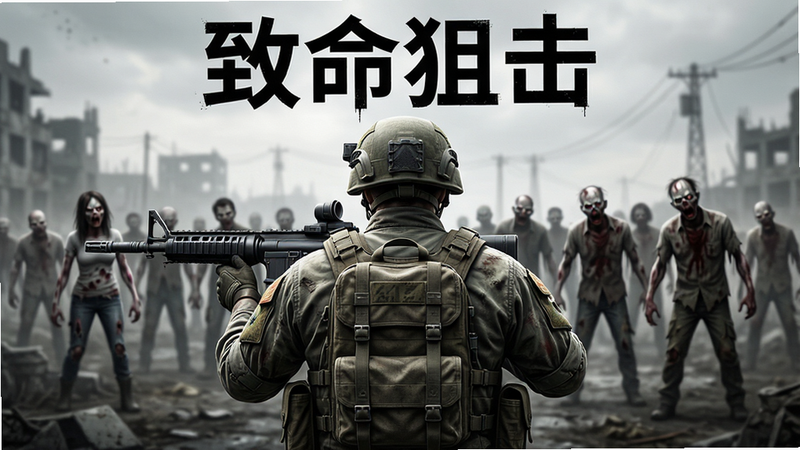 主体为《致命狙击》游戏主界面,布局居中,展示持枪士兵背影与远处僵尸群,排版清晰,风格写实硬核,细节丰富,画质4k高清,干净无多余元素,文字“致命狙击”置于顶部