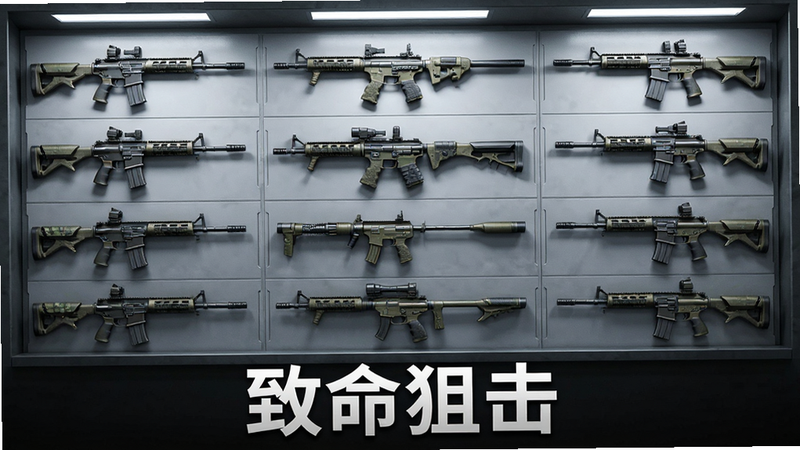 主体为武器库展示,布局整齐排列各类枪械,排版网格化,风格科幻军事,细节展示武器光泽,画质精美,干净,文字“致命狙击”在底部