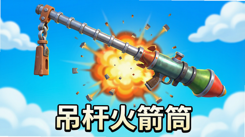 生成一张《吊杆火箭筒》安卓游戏主视觉图,主体为一根悬挂在空中的金属吊杆,末端连接着一把卡通风格的火箭筒,背景是明亮的蓝天与漂浮的云朵,画面中心有爆炸特效和碎屑飞溅,风格为3D卡通渲染,色彩鲜艳饱和,构图居中,高清无噪点,文字标注“吊杆火箭筒”