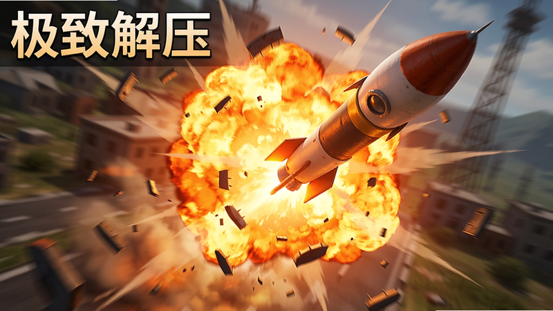 生成一张爆炸特效特写图,主体是火箭命中目标瞬间产生的巨大火球与冲击波,碎片向四周飞散,背景模糊处理以突出前景,色彩以橙红色和黄色为主,动态感极强,高质量游戏美术风格,清晰锐利,文字标注“极致解压”