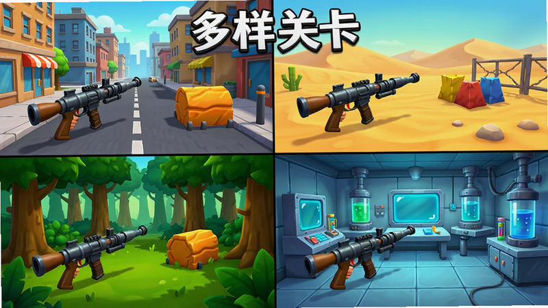 生成一张游戏关卡合集预览图,采用网格布局展示四个不同场景的小截图,包括城市街道、沙漠、森林和室内实验室,每个场景中都放置了火箭筒和不同的障碍物,风格统一为明亮卡通,色彩对比鲜明,排版整齐,高清渲染,文字标注“多样关卡”