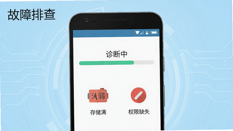 生成一张手机故障排查界面示意图,主体是一个安卓手机屏幕,显示“诊断中”的进度条和几个常见的错误图标(如信号弱、存储满、权限缺失),背景为浅蓝色科技风,界面简洁清晰,图标扁平化设计,高清,文字标注“故障排查”