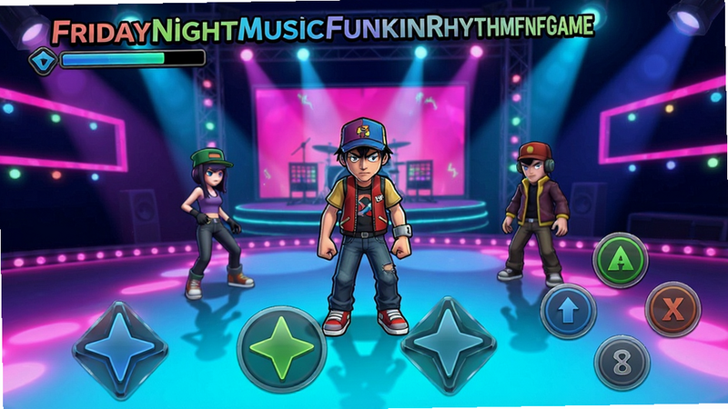 FridayNightMusicFunkinRhythmFNFGame ��Ϸ�������ͼ��չʾ��ɫվ����̬��ײ��ĸ������ͷ����������Ϊ�޺�����̨��������Ⱦ��ɫ�����ޣ���ˮӡ���ɾ���ͼ