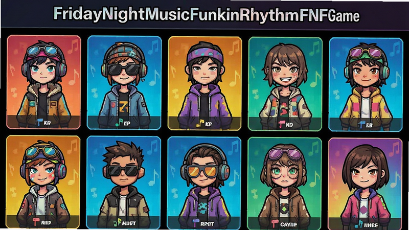 FridayNightMusicFunkinRhythmFNFGame ��ɫ�Զ���˵���չʾ�����ͬ���Ľ�ɫ���棬���񲼾֣�ɫ�ʷḻ������չʾÿ����ɫ���������������廭