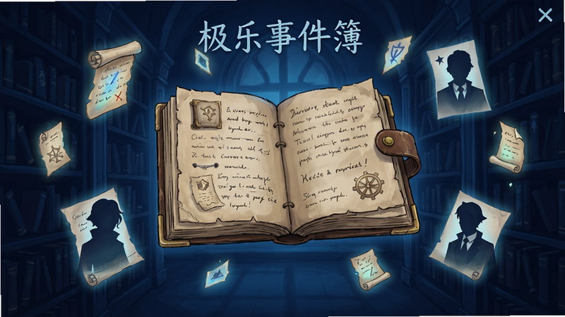 极乐事件簿游戏主界面展示,中央是一本打开的古老笔记本,周围漂浮着发光的线索碎片和人物剪影,背景为深蓝色调的神秘图书馆,布局对称,排版清晰,风格为精致手绘插画,细节丰富,画质高清,干净无多余元素