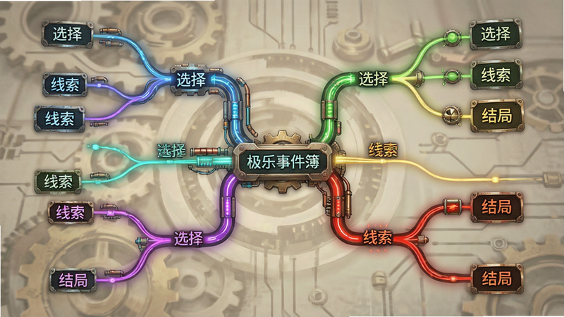 极乐事件簿剧情分支树状图展示,中央为主干路径,向四周延伸出多条彩色分支,每个节点标有“选择”、“线索”、“结局”字样,布局呈放射状,风格为科技感与复古结合,细节清晰,画质精致,无多余装饰