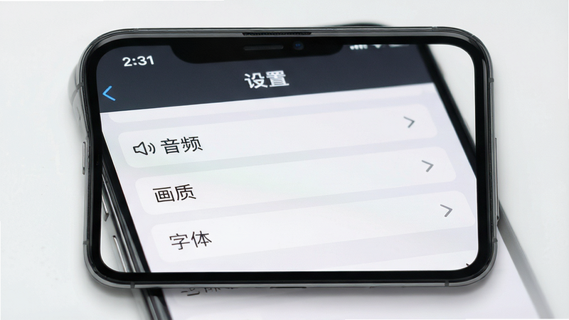 极乐事件簿手机界面设置页面展示,中央为“设置”菜单,包含“音频”、“画质”、“字体”选项,周围环绕手机边框,布局简洁,风格为现代UI设计,细节清晰,画质高清,无多余元素