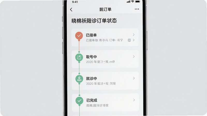 ����ΪAPP�ڵĶ�������ҳ�棬����Ϊ�����б�չʾ������Ϊǳ��ɫ���Ű����룬���ΪUI������ƣ�ϸ�ڰ���ʱ����ڵ��硰�ѽӵ�������ȡ���С����������С���������ɡ��������������ɾ����޶���Ԫ�أ����֡����ް����ﶩ��״̬����Ϊ����