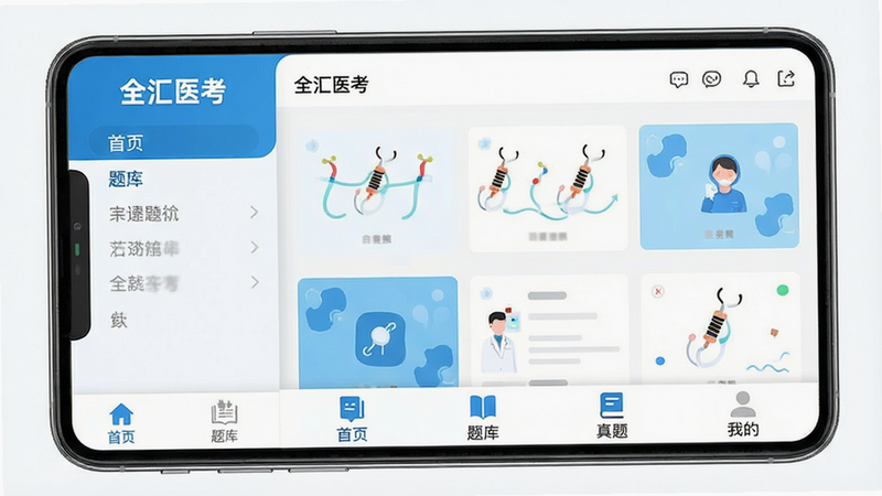 主体展示全汇医考APP手机端界面,布局清晰分为左侧导航栏与右侧主要内容区,排版简洁现代,风格扁平化设计,细节包含底部功能图标“首页”、“题库”、“真题”、“我的”,画质高清,干净,无多余元素,文字“全汇医考”清晰可见