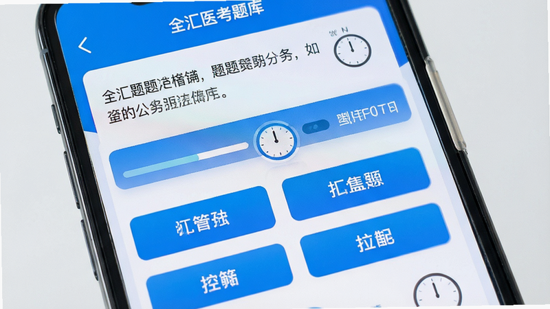 主体展示手机屏幕上的刷题界面,布局上方为题目题干,下方为四个选项按钮,排版紧凑,风格科技感蓝白配色,细节显示进度条与倒计时,画质清晰,干净,无多余元素,文字“全汇医考题库”