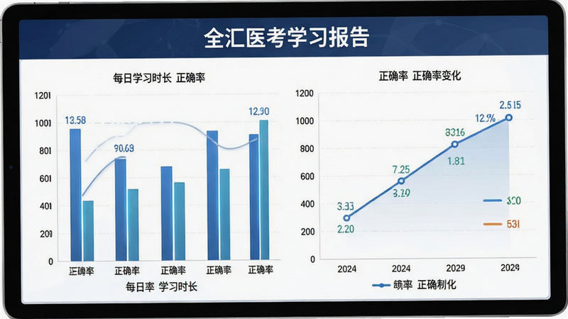 主体展示学习进度图表,布局为柱状图与折线图结合,显示每日学习时长与正确率变化,排版数据可视化风格,风格专业商务,细节包含坐标轴刻度,画质高清,干净,无多余元素,文字“全汇医考学习报告”
