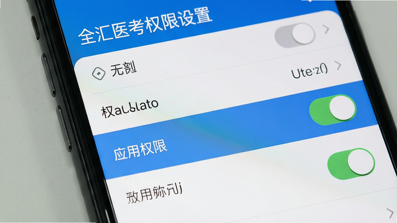 主体展示手机设置界面,布局为列表形式,重点高亮“应用权限”选项,排版清晰,风格系统原生 UI,细节显示开关按钮状态,画质清晰,干净,无多余元素,文字“全汇医考权限设置”