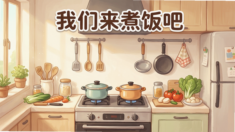 主体为《我们来煮饭吧》游戏的主界面截图,布局居中展示一个明亮的现代厨房场景,排版清晰,风格为清新治愈的日系插画风,细节丰富,包含灶台、悬挂的厨具和新鲜的食材,画质高清,色彩温暖,无多余杂乱元素,文字“我们来煮饭吧”位于顶部中央,字体圆润可爱