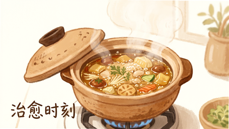 主体为《我们来煮饭吧》中煮汤的场景,布局中心为沸腾的砂锅,排版留白充足,风格为温馨手绘风,细节展示热气腾腾的蒸汽与汤中翻滚的食材,画质柔和,氛围感强,无多余元素,文字“治愈时刻”位于左下角,字体手写体