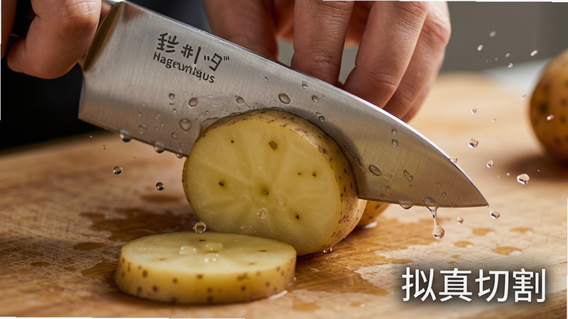 主体为《我们来煮饭吧》中切菜的特写镜头,布局聚焦于砧板与刀具,排版紧凑,风格为写实微距摄影风,细节展示刀刃切入土豆的纹理与飞溅的微小水珠,画质极清,光影逼真,无多余背景干扰,文字“拟真切割”位于右下角,字体简洁