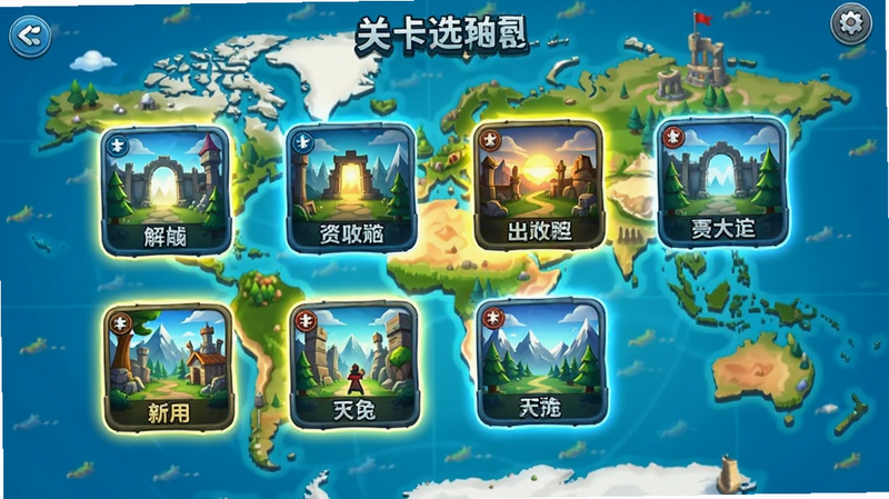 关卡选择地图界面,所有关卡图标高亮显示为已解锁状态,背景为游戏世界地图,风格明亮,清晰展示所有可用关卡