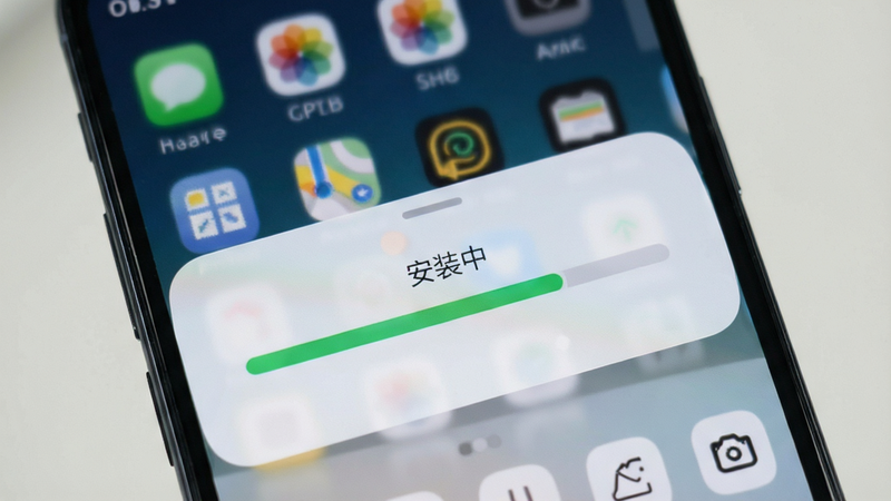 手机安装APK界面,显示“安装中”进度条,背景为手机主屏幕,清晰展示安装步骤,风格现代