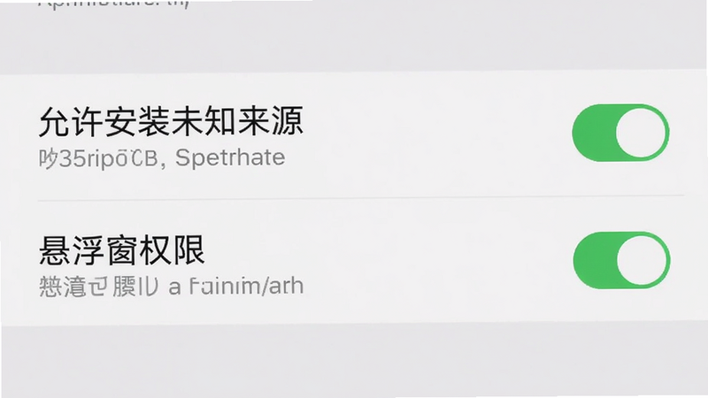 手机设置界面,显示“允许安装未知来源”和“悬浮窗权限”选项已开启,界面清晰,操作指引明确,风格简洁